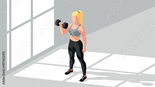 Woman exercising with dumbbell in isometric style gym