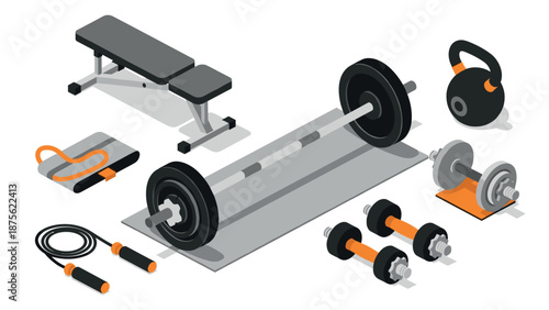 Isometric gym equipment set with dumbbells, barbell, kettlebell, and training bench