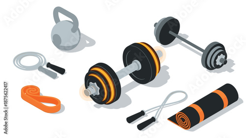 Gym equipment isometric design with dumbbells, kettlebell, jump rope, and yoga mat