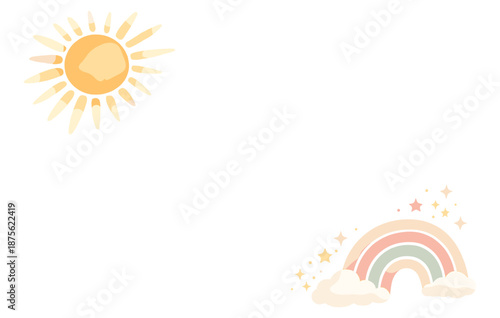 Sunshine and rainbow with clouds and stars in minimalist sky scene