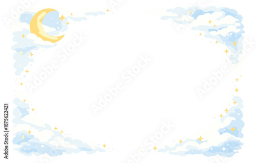 Whimsical moonlit sky frame with clouds and stars in soft pastel colors