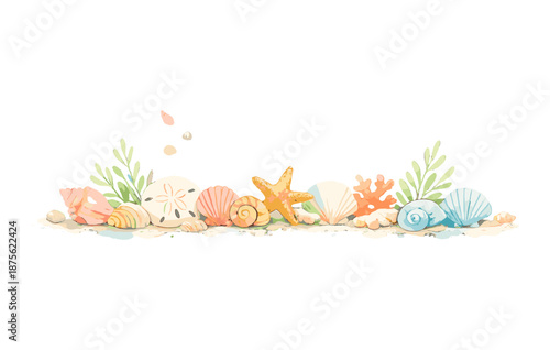 Colorful seashell and coral border with starfish and sand dollars