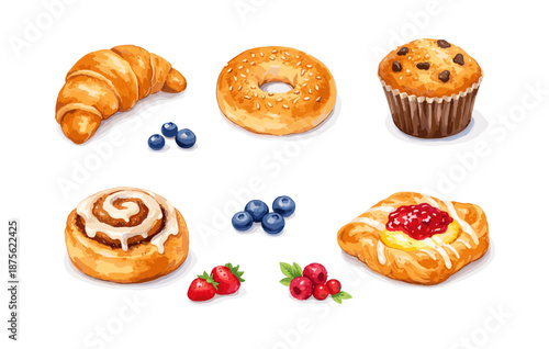 Assorted pastries with berries: croissant, bagel, muffin, cinnamon roll, danish delight