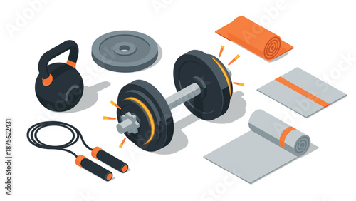 Isometric gym equipment set: dumbbell, kettlebell, and fitness accessories in modern design