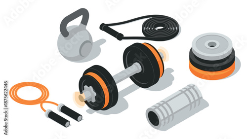 Fitness equipment in isometric style featuring dumbbell, kettlebell, and jump rope for home gym inspiration