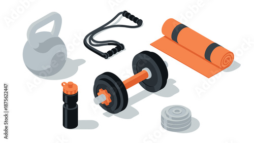 Fitness equipment set with weights, kettlebell, jump rope, and yoga mat in isometric style