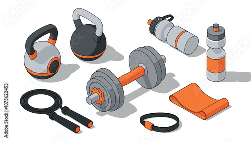 Isometric fitness equipment set with dumbbells, kettlebells, and jump rope