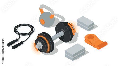 Isometric gym equipment on white background: dumbbell, kettlebell, and jump rope