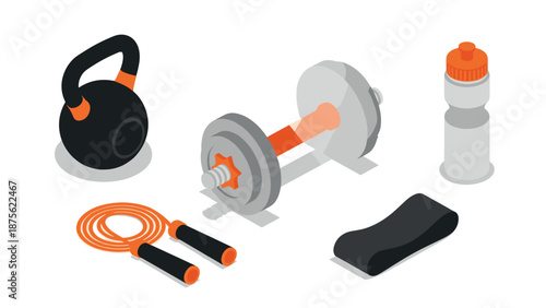 Isometric fitness equipment: dumbbell, kettlebell, jump rope, bottle, and band