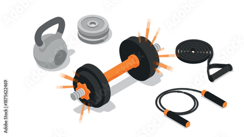 Home gym equipment set in isometric style with dumbbell, kettlebell, and jump rope