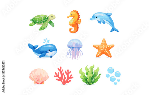 Colorful marine animal icons featuring turtle seahorse dolphin and more