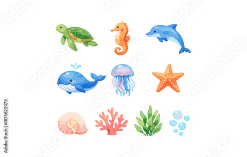 Colorful marine life: turtle, seahorse, dolphin, whale, jellyfish, starfish, coral, seaweed, shells