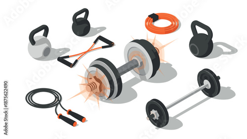 Isometric fitness equipment set with dumbbells and kettlebells for workout enthusiasts