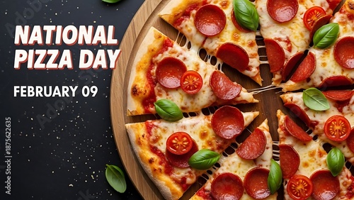 Celebrate the joy of America's favorite comfort food with a graphic announcing national pizza day on february ninth featuring a delicious close up of a freshly baked pepperoni pizza.
