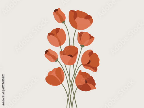 A minimalist illustration of poppy flowers in a simple vase, viewed from the front