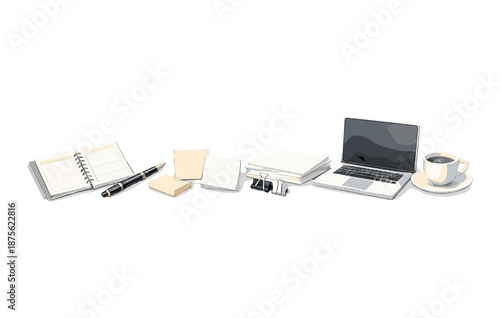 Minimalist workspace with laptop, stationery, and coffee cup on white background