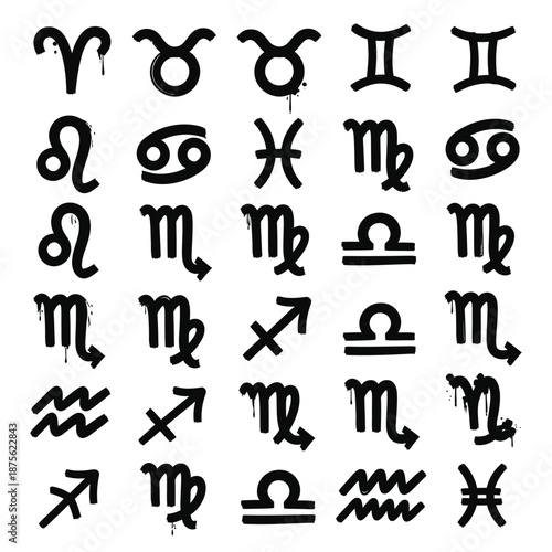 Black Dripping Zodiac Signs Vector Set Isolated on White Background