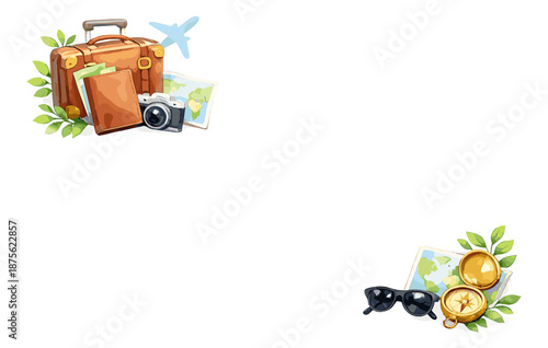 Travel adventure frame with suitcase, camera, and map elements