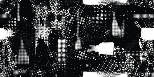 Glitch distorted grungy abstract forms . Halftone dots seamless pattern . Grange shapes .Grunge dotted texture . Vector shapes with half tone dots .Screen print endless pattern