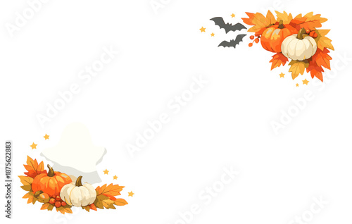 Autumn ghost and pumpkins with fall leaves and bats on white background