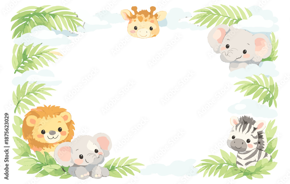 Fototapeta premium Cute safari animals frame with lion, elephant, giraffe, zebra, and leaves