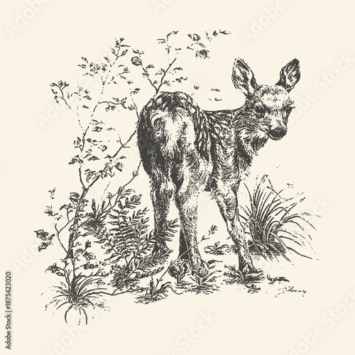 Vintage Hand-Drawn Etching of a Young Fawn Deer Standing in a Forest Meadow with Grass and Wild Plants, Classic Retro Wildlife Illustration