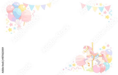 Whimsical carousel horse with balloons and candy in pastel party scene