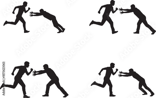 Silhouette of people passing a baton in a relay race