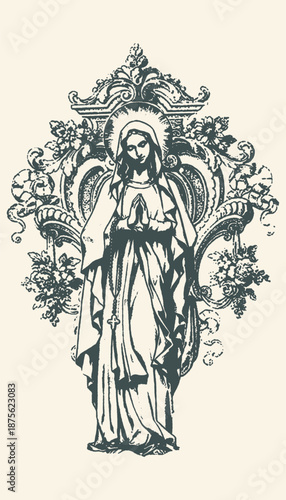 Vintage Style Religious Illustration of the Virgin Mary Praying with a Rosary in an Ornate Baroque Floral Frame, Antique Woodcut Design of the Madonna for Catholic Christian Art