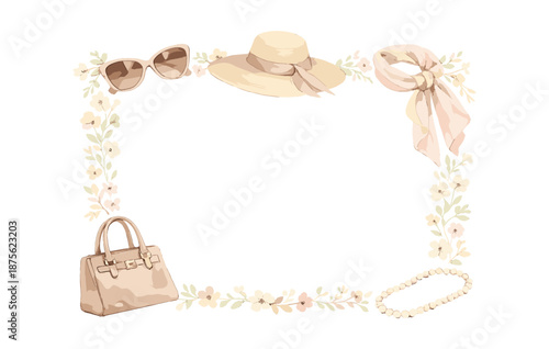 Chic fashion border with hat, sunglasses, scarf, purse, and floral accents