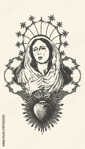 Vintage Style Gothic Illustration of the Weeping Virgin Mary with Flaming Sacred Heart and Star Halo, Black and White Religious Art