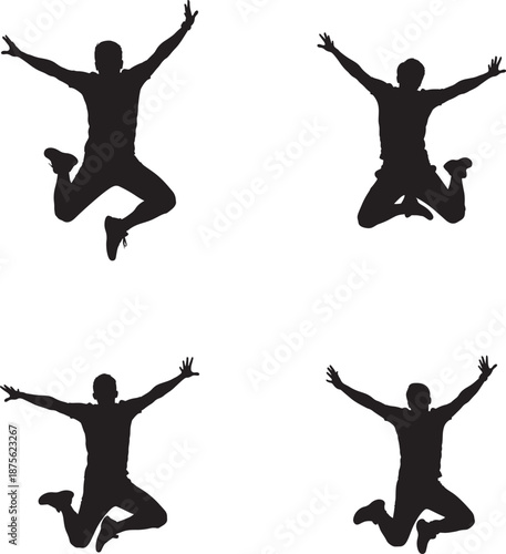 Four black silhouettes of a man jumping in the air with arms outstretched