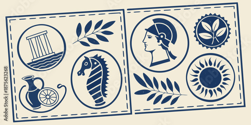 Vintage floral pattern and ancient Greek ornament vector illustration featuring a retro postage stamp design on an antique paper background frame