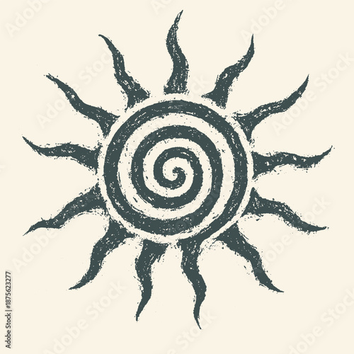 Hand-Drawn Spiral Sun Illustration in Vintage Grunge Style, Minimalist Celestial Symbol with Distressed Texture for Boho Design and Prints