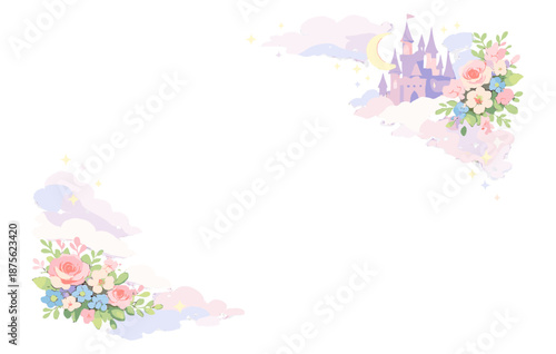 Whimsical castle and floral bouquet with pastel clouds