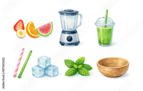 Colorful smoothie ingredients with blender and fresh fruits