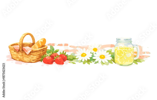 Picnic basket with fresh strawberries and lemonade on floral background