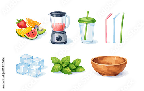 Fruit smoothie essentials with blender, ingredients, and accessories