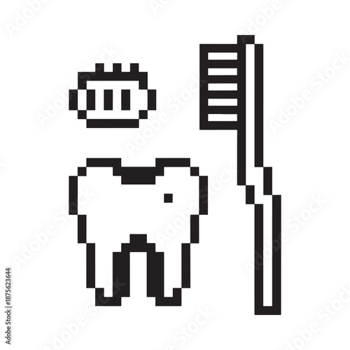 a black and white pixel art of a toothbrush tooth and toothpaste