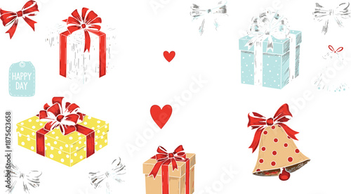 Hand drawn set of Christmas gift boxes with twine, pine cones, berries, fern leaves, scissors and thread for holiday wrapping.