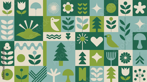 A vibrant retro-style collage of nature elements, featuring plants, flowers, trees, birds, and abstract shapes in various shades of green and blue, presented in a grid layout.
