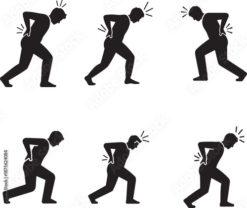 Silhouette illustrations of a person experiencing back pain in various poses