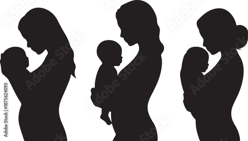 Mother Holding Baby Silhouettes Set Black Vector Collection Parenting Motherhood Family Poses