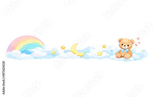 Cute teddy bear on clouds with rainbow and moon in whimsical sky scene