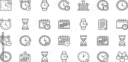 Collection of timekeeping devices and calendars displayed in a grid pattern on a white background