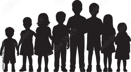Children Silhouettes Set Black Vector Illustration Group of Kids Standing Front View