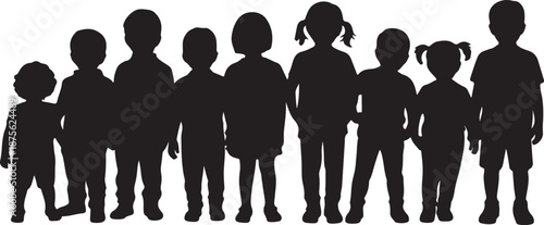 Children Silhouettes Set Black Vector Illustration Group of Kids Standing Front View