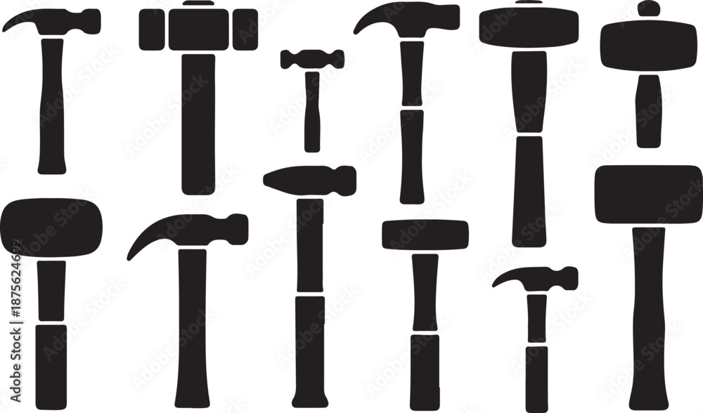 Fototapeta premium Hammer Silhouettes Set Black Vector Collection Construction Tool Icons Pack