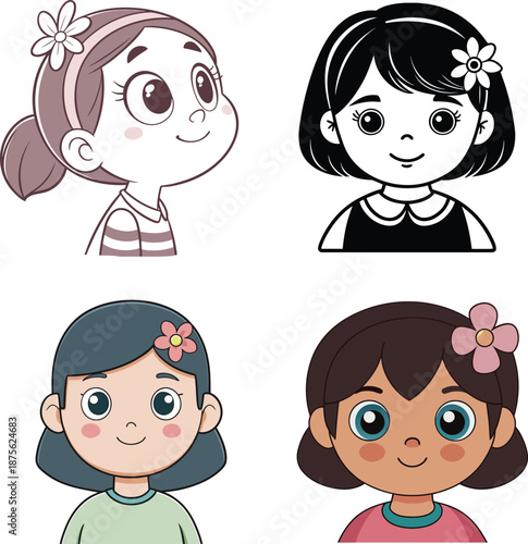 Cute Little Girl Vector Illustration with Flower and Upper Body Vector Art. 