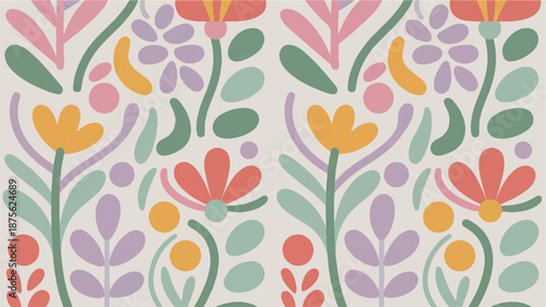 A seamless vector pattern in a flat design featuring floral elements in pastel colors